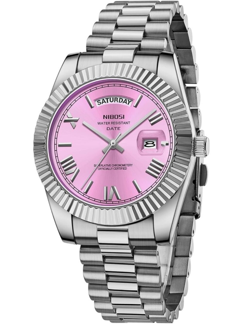 Nibosi Men's Silver Pink Analog Quartz Stainless Waterproof Desiger Wrist Watch